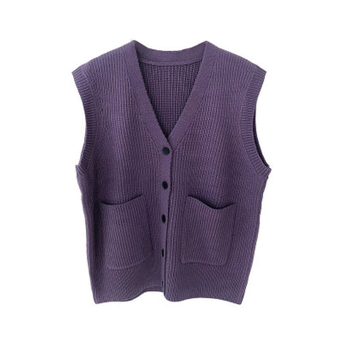 Knitted Sweater Vest Women Soft Stretchy Simple Basic Daily V-neck Solid Open-stitch Female Street-wear Vintage Korean All-match