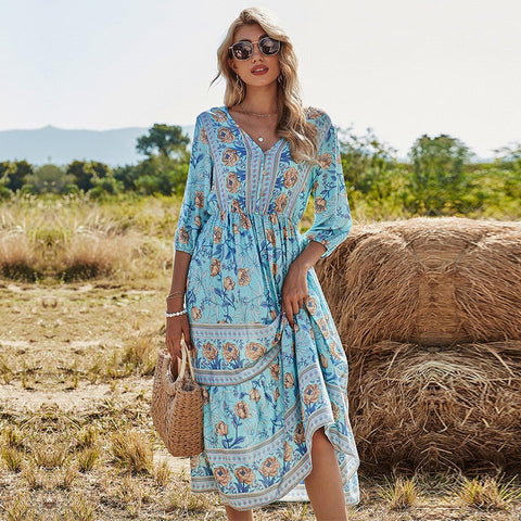 Spring Bohemia Floral Dress Women Casual V Neck High Waist Half Sleeve Fashion Print Summer Long Dress