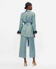 Blue Printed Kimono suit With Feather Sleeves