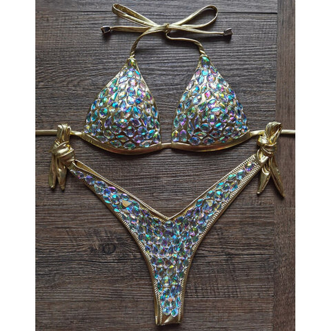 Halter Swimwear Rhinestone Diamond Silver Bikinis Women Swimsuit Sexy Crystal Push Up Swimwear Women Bathing Suits