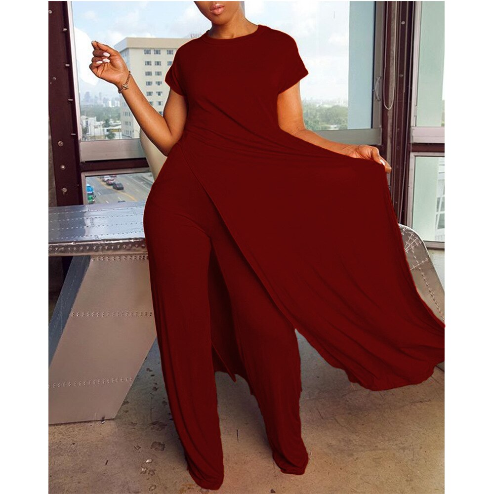 New Arrival Fashion Design two pieces  Sexy Women Set Solid O-neck Long Top  And  Long Pants  Summer  Outfits