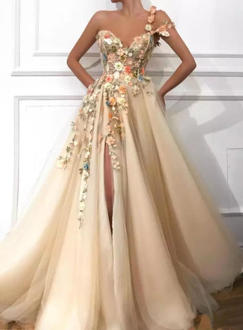 Champagne Flowers Split A-Line Prom Dresses Women Party Night Long Appliques Evening Gown robes de soirée