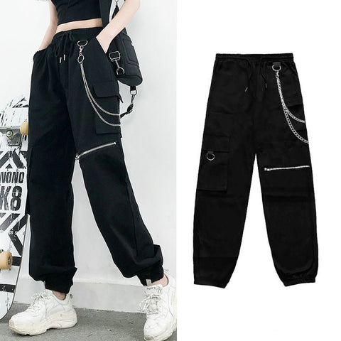 Streetwear Cargo Pants Women Casual Joggers Black High Waist Loose Female Trousers Korean Style Ribbon Ladies Pants Dropshipping