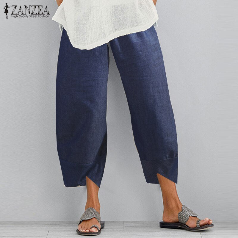 Vintage Women Cotton Linen Wide Leg Pants  Female Asymmetric Trousers Ladies Casual Loose Pockets Elastic Waist Pants