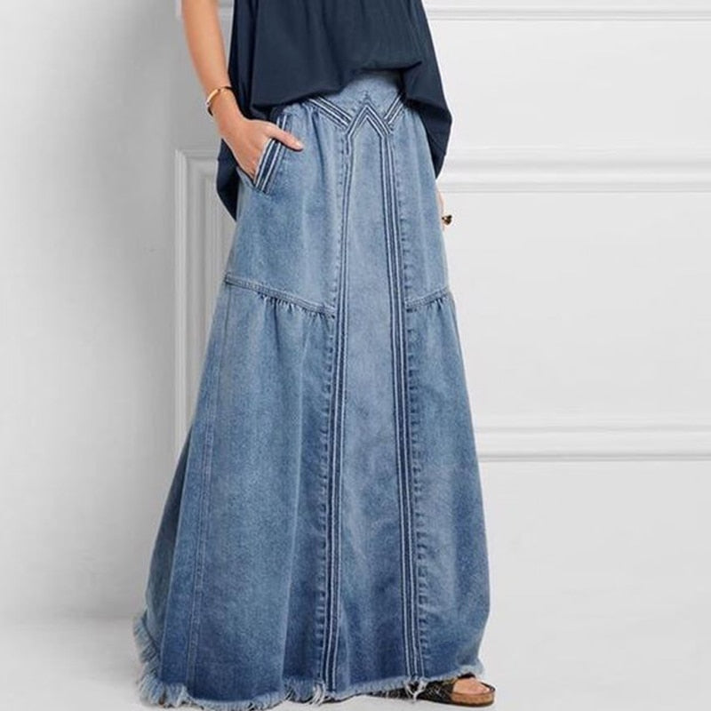 Oversize Fashion Street Skirt Summer A Line Denim Skirt Women Autumn Sun Skirt Casual Solid High Waist Women's Long Skirt