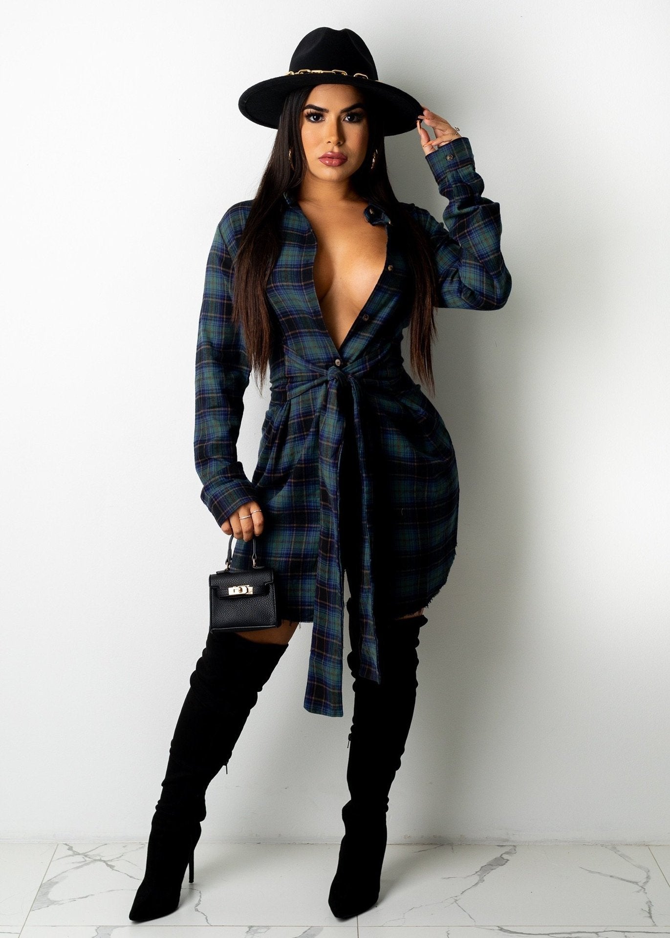 Fashion Plaid Print Button Up Long Sleeve Shirt Dress Fall Clothes for Women Sexy Casual Short Dresses