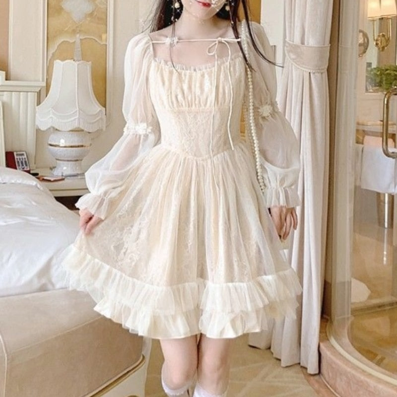 Lolita Kawaii Dress Women Casual Long Sleeve Vintage Y2k Mini Dress Female Japanese Style One Piece Dress Korean Autumn