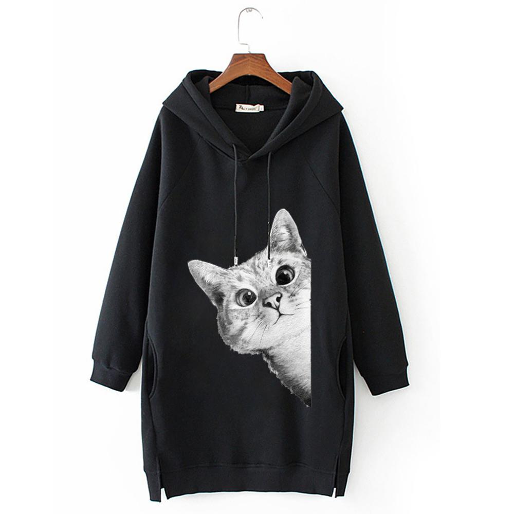 Women Long Hoodie Sweatshirt Pullover Cartoon Print Long Sleeve Splited Pockets Sweatshirt Hoody Pullovers Dress Sudadera Mujer