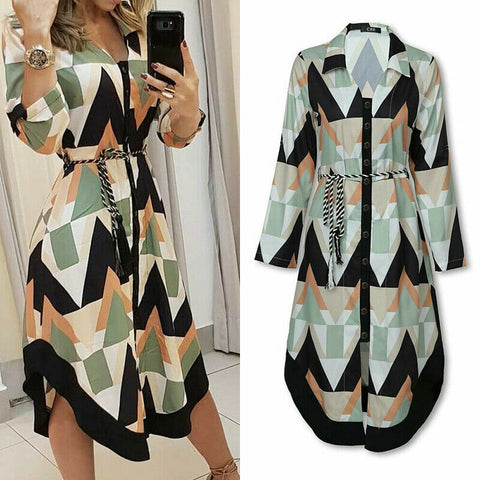 Spring Summer Lady Cover Up Women&  Shirt Dress Wave Print Long Sleeve V-Neck Casual Loose Holiday Midi Dress Plus Size