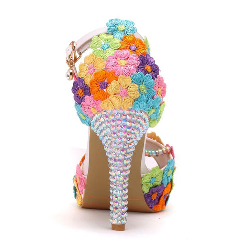 Crystal Queen Ankle Strap Women Sweet Fashion White Colored Floral Stilettos Party Tassel Bridal Wedding Shoes High Heel