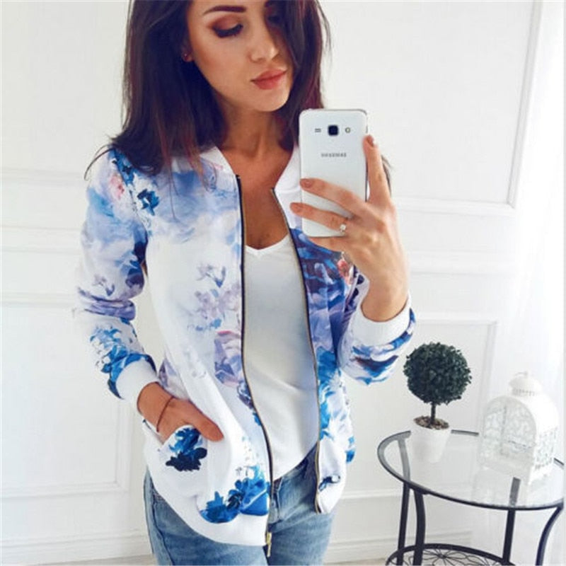 Women Floral Jackets Spring Summer Long Sleeve  Zipper Print Bomber Jacket Casual Pocket Slim Female Fashion Outwears Plus Size