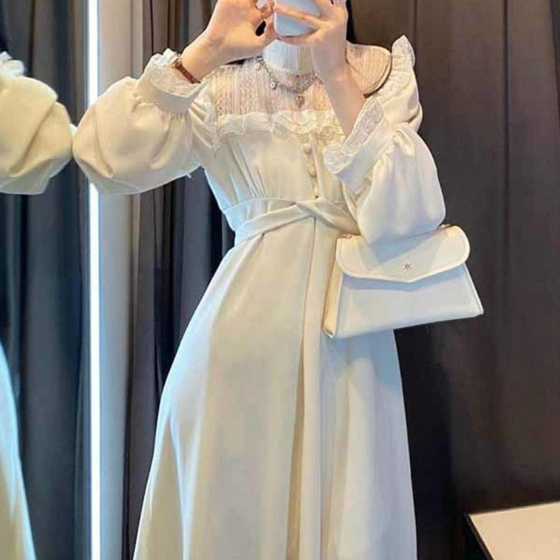 French Lace Vintage Dress Women Fashion Puffer Sleeve Elegant One Piece Dress Korean Spring High Street Slim Midi Dress Y2k