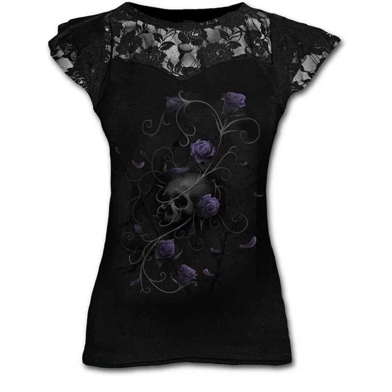 Pbong mid size graduation outfit romantic style teen swag clean girl ideas 90s latina aestheticNew Slim Goth S-5XL Graphic Lace T Shirts for Women Gothic Flower Skull Clothing Punk Tees Ladies Y2k Tops Summer Tshirt