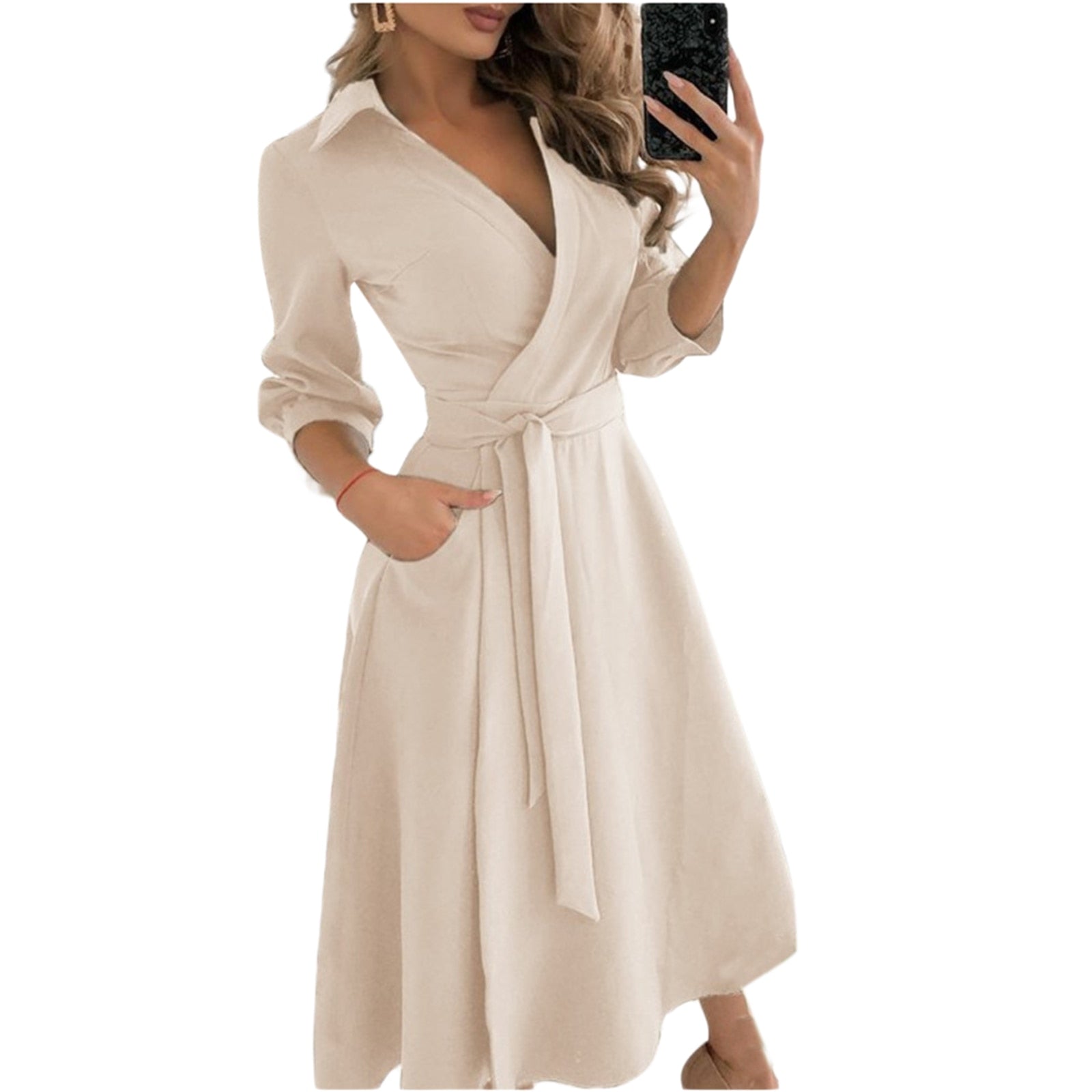 Spring Summer Lady Cover Up Women&  Shirt Dress Wave Print Long Sleeve V-Neck Casual Loose Holiday Midi Dress Plus Size