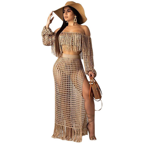 Sexy Crochet Beach Skirt Sets Slash neck Long Sleeve Crop Top and Split Long Skirts Women Tassel 2 Piece Summer Classic Outfit