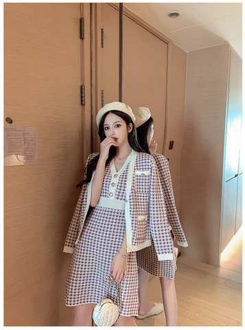 New  Autumn Winter Knitted 2 Piece Set Women Single-Breasted Houndstooth Cardigan Jacket Warm Sweater Coat+Knit Vest Dress