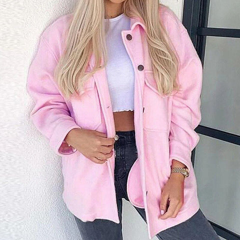 Women Single Breasted Turn-down Collar Wool Coat Casual Long Sleeve Button Pocket Outwear Female Solid Loose Streetwear Jacket