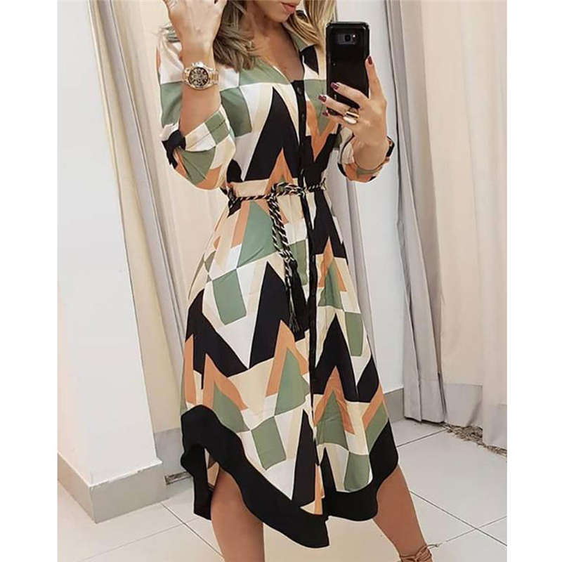 Spring Summer Lady Cover Up Women&  Shirt Dress Wave Print Long Sleeve V-Neck Casual Loose Holiday Midi Dress Plus Size