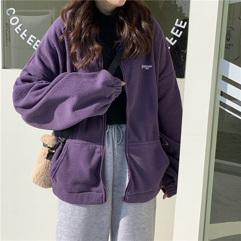 Hoodies Women Zip-up Turn-down Collar Printed Pocket Long Sleeve Korean Style New Trendy Casual BF Ulzzang Harajuku Womens Daily