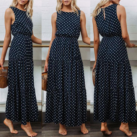 Pbong mid size graduation outfit romantic style teen swag clean girl ideas 90s latina aestheticBobo Women Dark Blue Boho Loose Sleeveless Holiday Dot Print Long Maxi Dress Evening Party Beach Dresses Summer Sundress