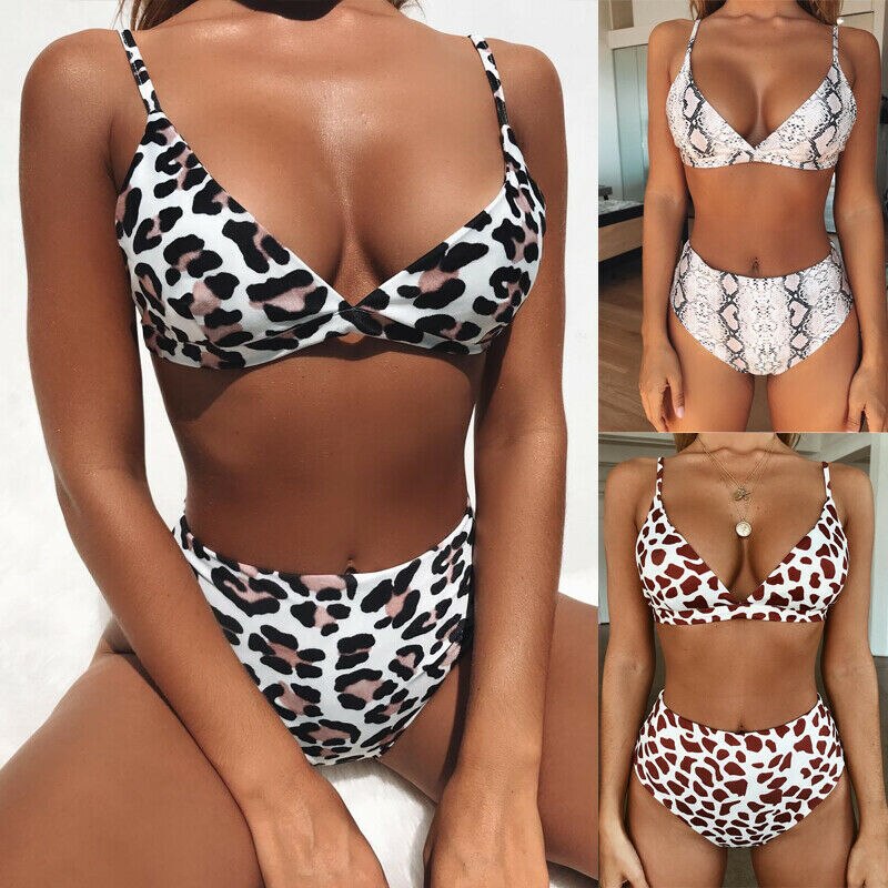 Women Bandage Bikini 2pcs Set Push-up Animal Print Leopard High Waist Beach Swimsuit bandeau Padded Bra Bathing Suit Swimwear