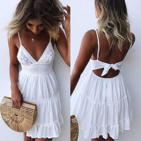 Pbong mid size graduation outfit romantic style teen swag clean girl ideas 90s latina aestheticHot Solid Women's Summer Sleeveless V Neck Backless Mini Dress Evening Party Beach Dress Sundress Open Back Lace Bow Dress