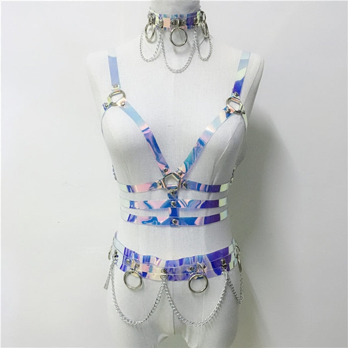 Pbong mid size graduation outfit romantic style teen swag clean girl ideas 90s latina aesthetic freaknik tomboy swaggy going out Women Laser Transparent PVC Caged Bra Body Harness Belt  Sexy Waist Belt Bondage Female Holographic Strap Top Waist Belts