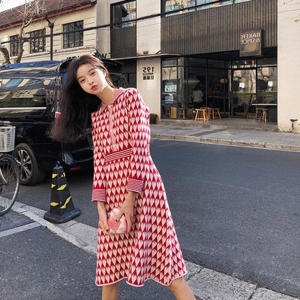 Autumn Winter Sweet Red Ladybug Print Women Knitted Dress Runway Designer Long Sleeve Female Party Sweater Dresses Clothes