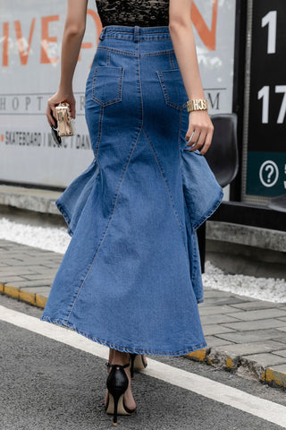 Cowboy Long Skirt Summer Gradient Asymmetry Ruffle High Waist Denim Mermaid Skirts Sexy Women Blue Jeans Pencil Faldas