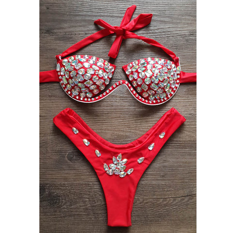 Halter Swimwear Rhinestone Diamond Silver Bikinis Women Swimsuit Sexy Crystal Push Up Swimwear Women Bathing Suits