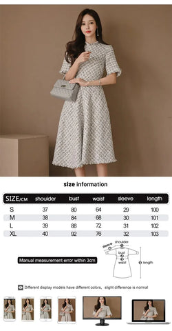 Fashion Korean Elegant Midi Tweed Dress Women Luxury Chic Casual Plaid Slim Gown Robe Femme Ladies Female Mujer Party Vestidos