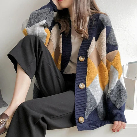 Plaid Chic Cardigans Button Puff Sleeve Checkered Oversized Women's Sweaters Winter Spring Sweater Tops SW658