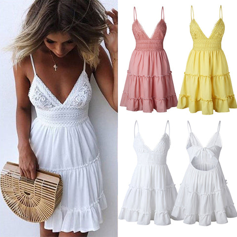 Pbong mid size graduation outfit romantic style teen swag clean girl ideas 90s latina aestheticHot Solid Women's Summer Sleeveless V Neck Backless Mini Dress Evening Party Beach Dress Sundress Open Back Lace Bow Dress