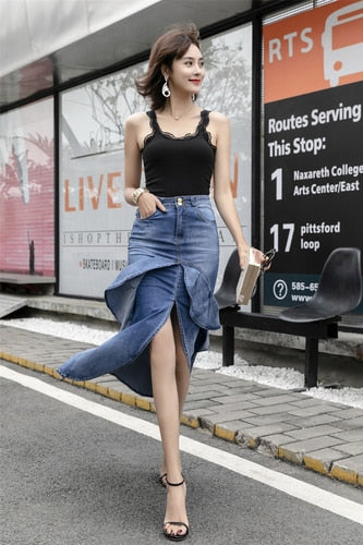 Cowboy Long Skirt Summer Gradient Asymmetry Ruffle High Waist Denim Mermaid Skirts Sexy Women Blue Jeans Pencil Faldas