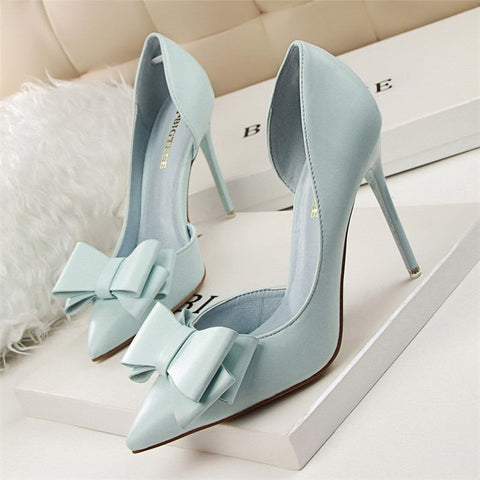 BIGTREE  Fashion Delicate Sweet Bowknot High Heel Shoes Side Hollow Pointed Women Pumps Pointed Toe 10.5CM thin Dress Shoes