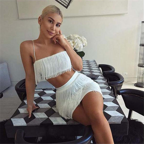 Pbong mid size graduation outfit romantic style teen swag clean girl ideas 90s latina aesthetic freaknik tomboy swaggy going out cFashion Tassel Spaghetti Strap Crop Top Mini Dress 2 Piece Set Women Sexy Camis Package Hip Dresses Party Clubwear Suits