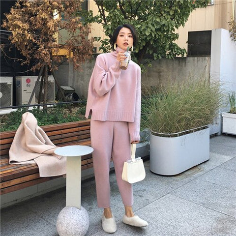 CBAFU autumn spring knitted tracksuit turtleneck sweatshirts women suit clothing 2 piece set knit pant female pants suit D226