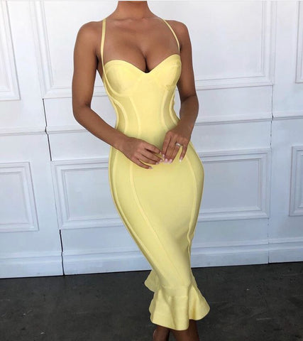 Pbong High Quality Pink Yellow Knee Length Rayon Bandage Dress Evening Party Elegant Dress