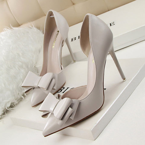 BIGTREE  Fashion Delicate Sweet Bowknot High Heel Shoes Side Hollow Pointed Women Pumps Pointed Toe 10.5CM thin Dress Shoes