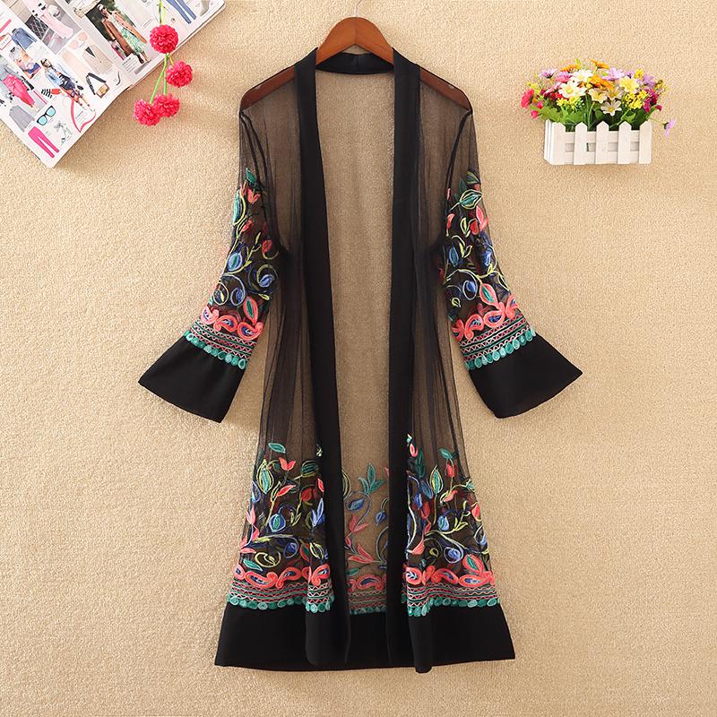 New Women Floral Embroidered Long Jacket Summer Net Cardigan Casual Long Sleeved Thin Coats Ladies Vintage Beach White Outerwear