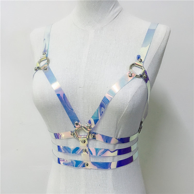 Pbong mid size graduation outfit romantic style teen swag clean girl ideas 90s latina aesthetic freaknik tomboy swaggy going out Women Laser Transparent PVC Caged Bra Body Harness Belt  Sexy Waist Belt Bondage Female Holographic Strap Top Waist Belts