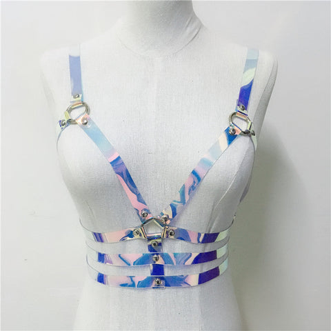 Pbong mid size graduation outfit romantic style teen swag clean girl ideas 90s latina aesthetic freaknik tomboy swaggy going out Women Laser Transparent PVC Caged Bra Body Harness Belt  Sexy Waist Belt Bondage Female Holographic Strap Top Waist Belts