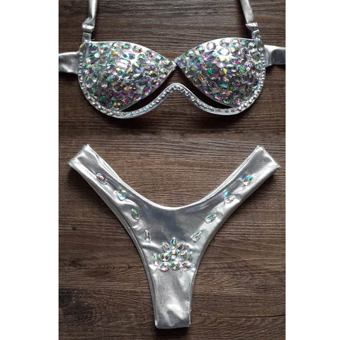 Halter Swimwear Rhinestone Diamond Silver Bikinis Women Swimsuit Sexy Crystal Push Up Swimwear Women Bathing Suits