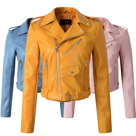 New Arrival brand Winter Autumn Motorcycle leather jackets yellow leather jacket women leather coat  slim PU jacket Leather