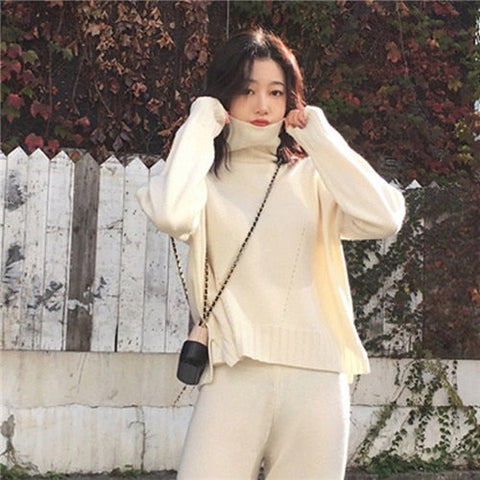 CBAFU autumn spring knitted tracksuit turtleneck sweatshirts women suit clothing 2 piece set knit pant female pants suit D226