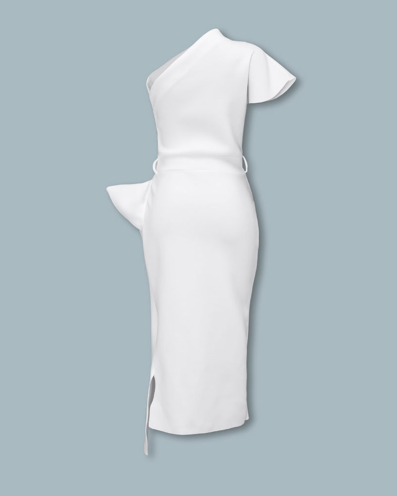 Spring Women Elegant Sexy Solid White Cocktail Midi Dresses Asymmetrical One Shoulder Ruched Irregular Formal Party Dress