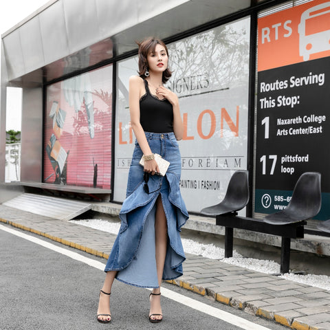 Cowboy Long Skirt Summer Gradient Asymmetry Ruffle High Waist Denim Mermaid Skirts Sexy Women Blue Jeans Pencil Faldas