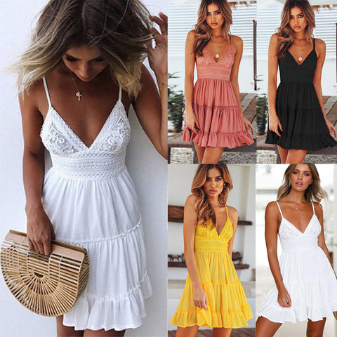 Pbong mid size graduation outfit romantic style teen swag clean girl ideas 90s latina aestheticHot Solid Women's Summer Sleeveless V Neck Backless Mini Dress Evening Party Beach Dress Sundress Open Back Lace Bow Dress