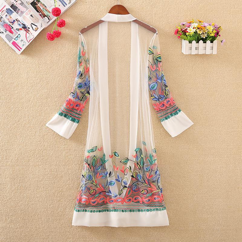 New Women Floral Embroidered Long Jacket Summer Net Cardigan Casual Long Sleeved Thin Coats Ladies Vintage Beach White Outerwear