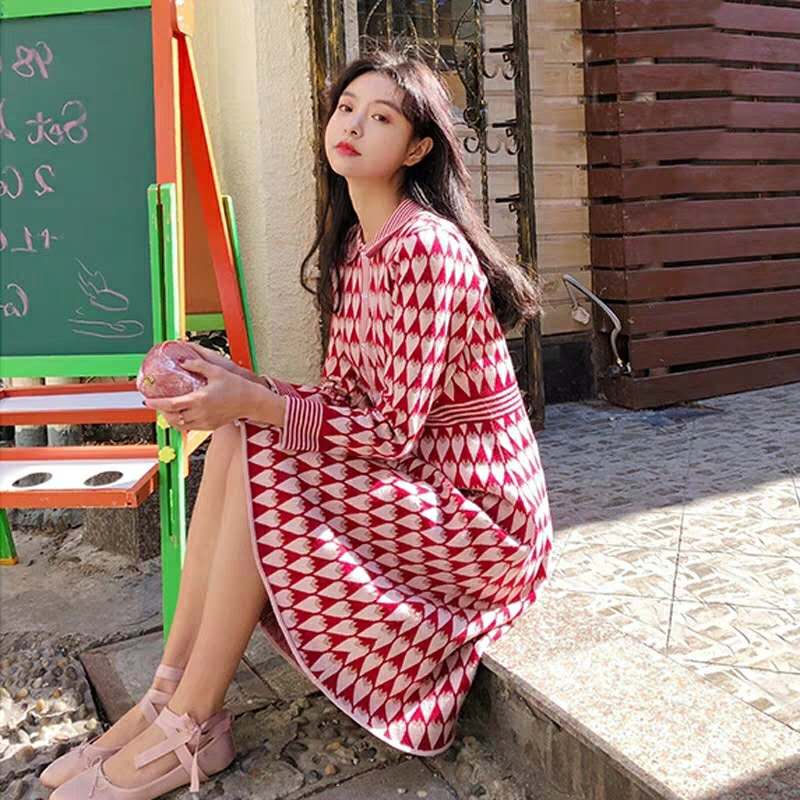 Autumn Winter Sweet Red Ladybug Print Women Knitted Dress Runway Designer Long Sleeve Female Party Sweater Dresses Clothes